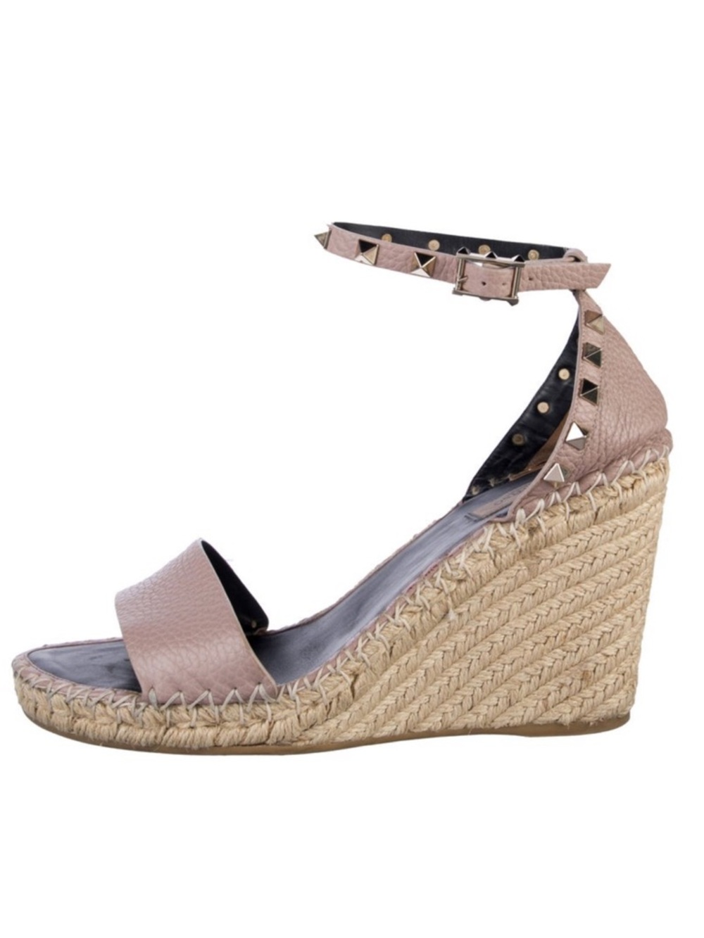 Valentino Blush Leather Espadrille Wedge Sandals with Studded Ankle Strap